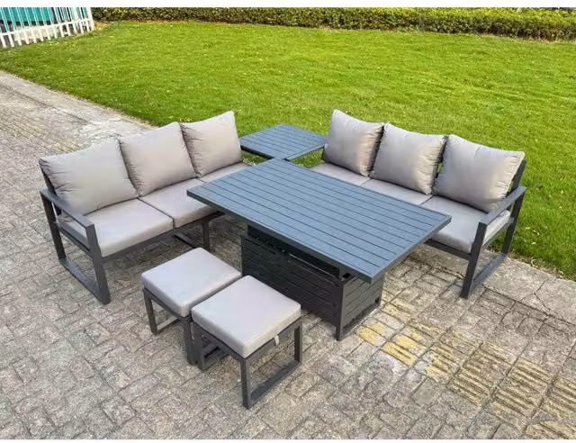 Fimous 6-Piece Aluminium Garden Sofa Set with Height-Adjustable Lifting Table and Side Table in Anthracite Grey – 1