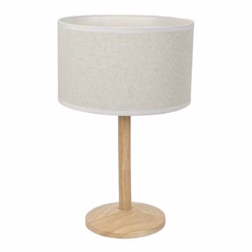 ValueLights Single Stem Natural Wood Table Lamp with White Trim Linen Drum Shade and Included LED Bulb