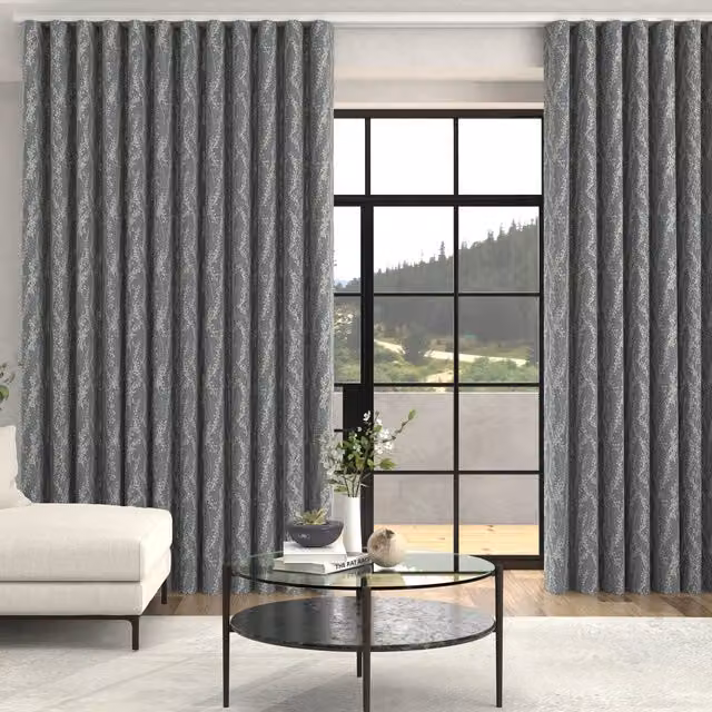 Terrys Grace Jacquard Floral Made To Measure Blackout Eyelet Curtains in Navy Blue and Grey