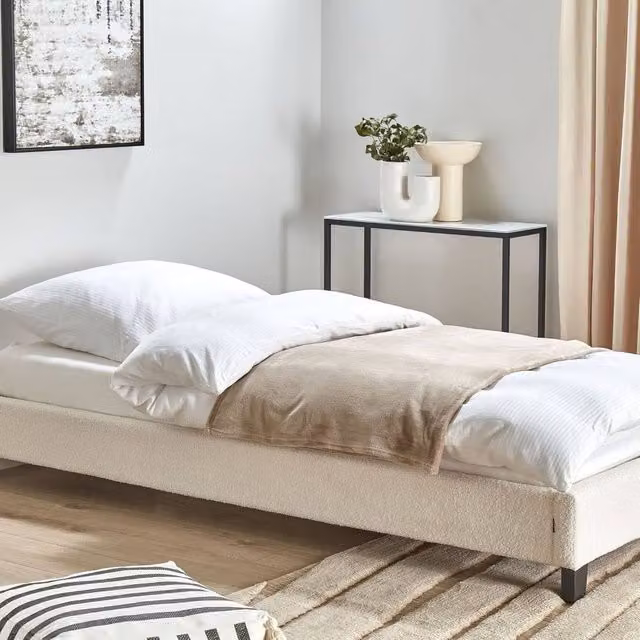 Wyld and Coco Upholstered Single Bed in Beige Boucle, Slatted Frame, W/D/H: 90 x 200 x 29 cm