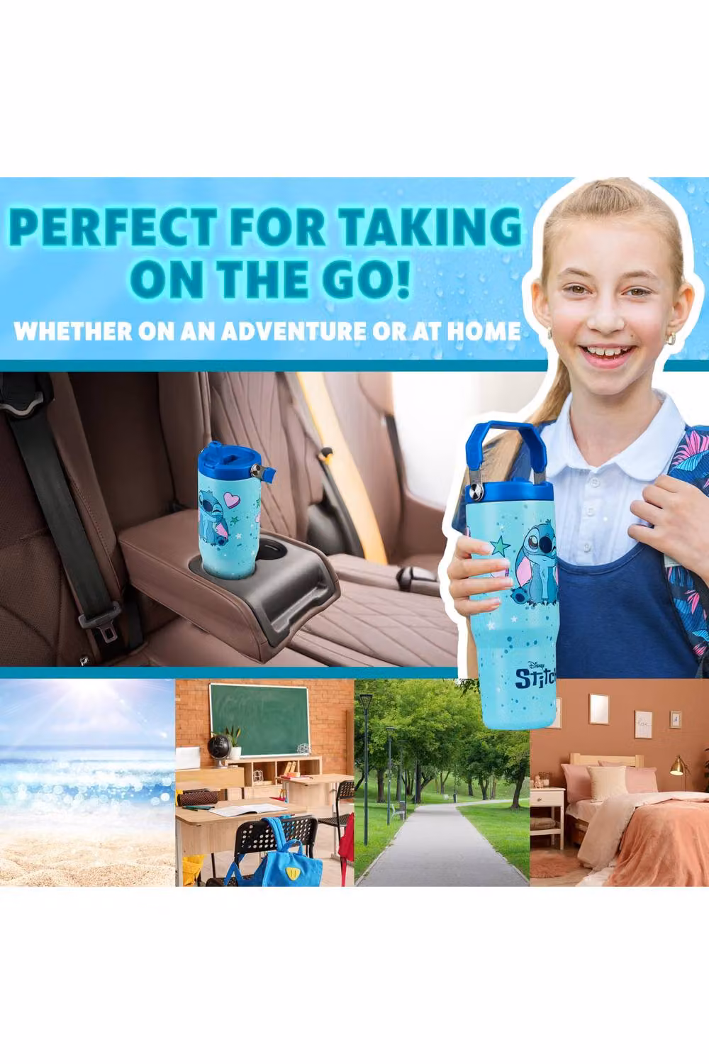 Get Trend Disney Stitch Insulated Metal Travel Tumbler with Flip Up Straw and Handle, Blue, 850ml – 4