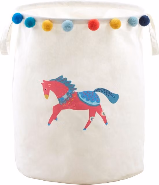Orsina Eclectic Horse Laundry Bag in White Cotton Fabric with Handles and Drawstring Closure, W/D/H: 38.0 x 48.0 x 38.0 cm