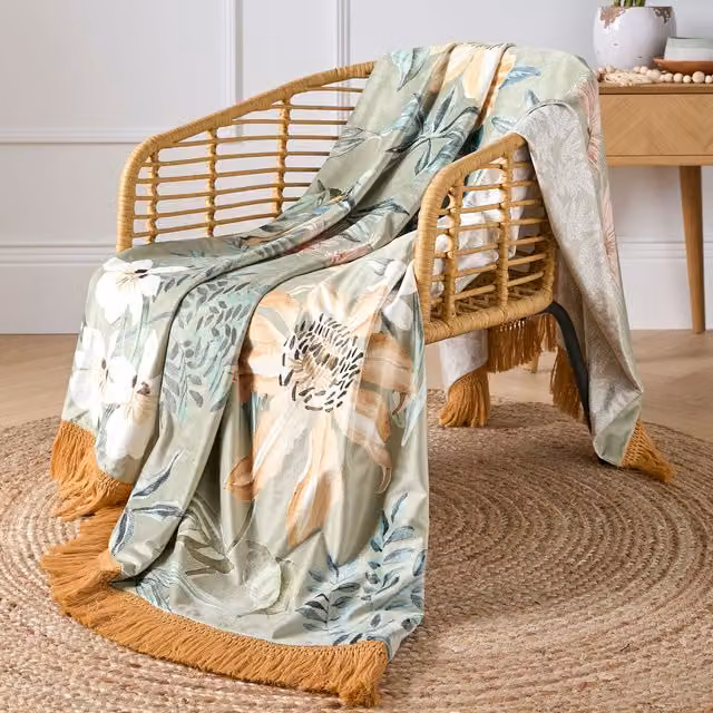 Soiree Sagara Floral Print Velvet Throw in Green and Gold, W: 130 cm, D: 180 cm