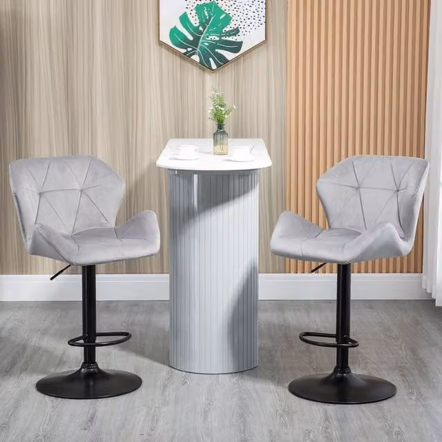 HOMCOM Set of 2 Adjustable Grey Velvet Bar Stools with Metal Frame – 1