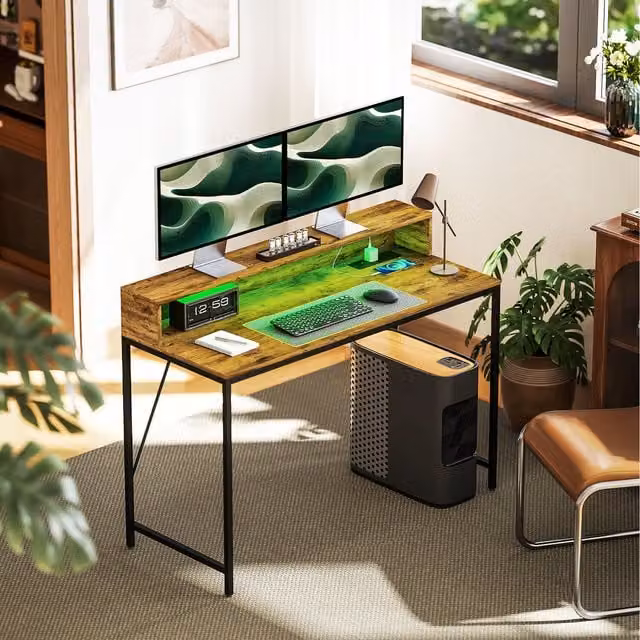 HOMCOM Computer Desk with LED Lights and Power Outlets in Rustic Brown, Width: 120 cm