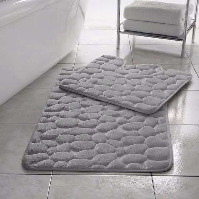 HomeSpace Direct Non-Slip Memory Foam Pebbles Bath Mat Set, 2 Piece, Silver