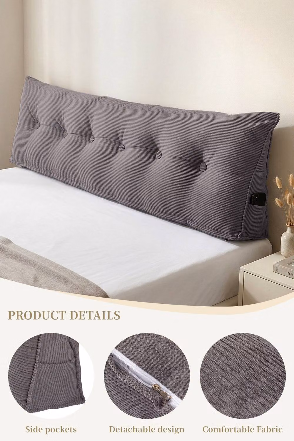 Living and Home Large Wedge Headboard Pillow with Removable Corduroy Cover in Grey – 2