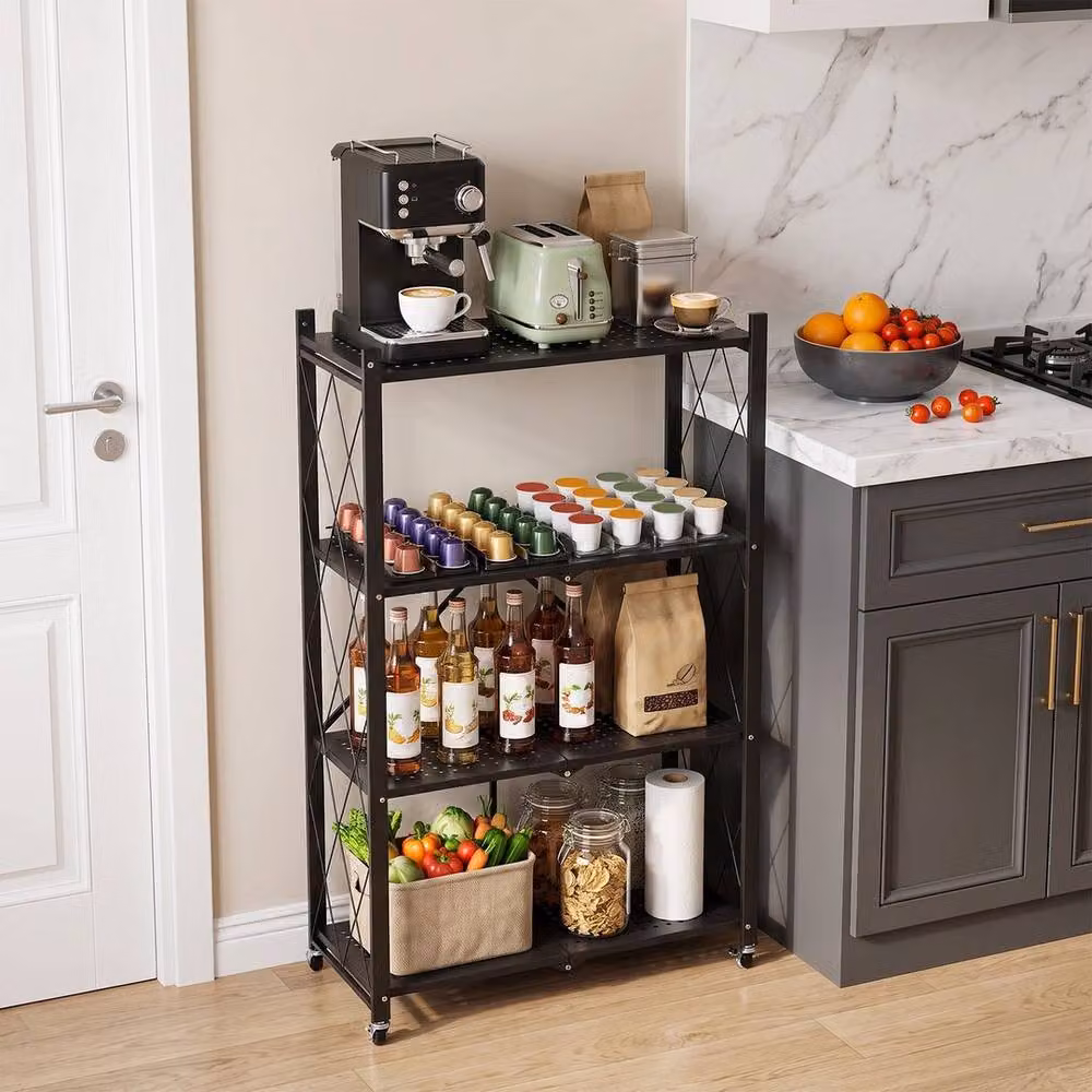 FORGEVIO Black 4-Tier Folding Kitchen Storage Shelf with Walnut Wood and Matt Metal Finish – 3