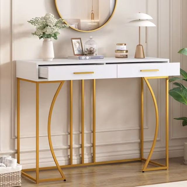 Aosom UK Modern White Console Table with 2 Drawers and Gold-plated Handles, W/D/H: 120 x 38 x 76 cm – 1