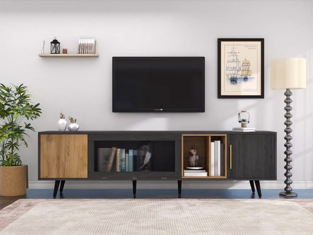 Tokpiedi Stylish TV Stand with Pull-down Glass Doors and Smart Cable Management in Dark Grey – 2