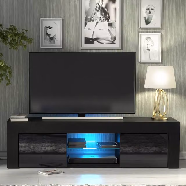 Creative Furniture Loom TV Unit in Black with Glossy Doors, W: 130 cm, D: 35 cm, H: 35 cm