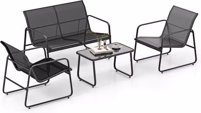 COSTWAY 4 Piece Modern Black Metal and Glass Patio Furniture Set
