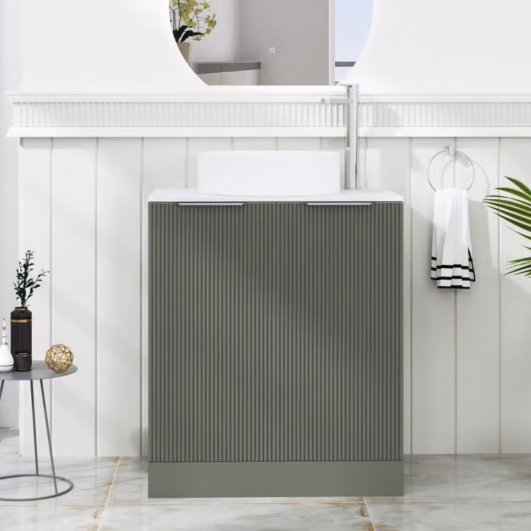 Royal Bathrooms Evora Sage Green Fluted Floor Standing 2 Door Bathroom Vanity Unit with Art Deco Stone Basin, Width: 70 cm