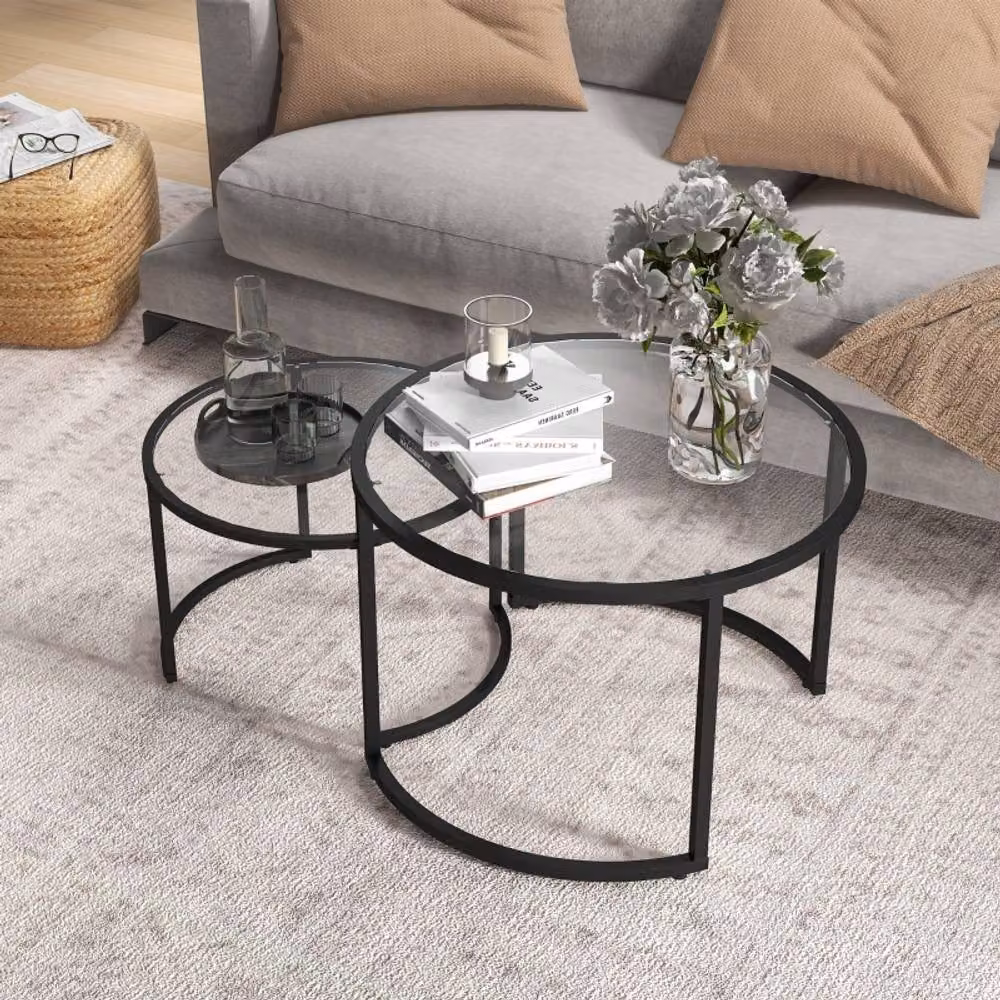 STILVORA Set of 2 Modern Round Nesting Coffee Tables with Black Glass Tops – 4