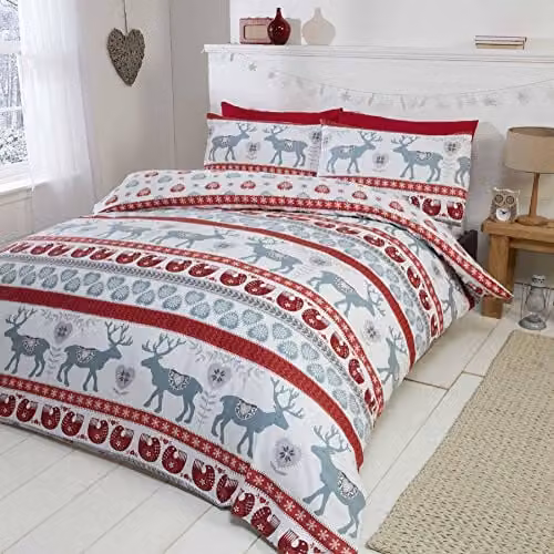 Rapport Home Scandi Christmas Flannelette Duvet Cover and Pillowcase Set, Red/Multicolour, W/D/H: 135 x 200 cm and 50 x 75 cm