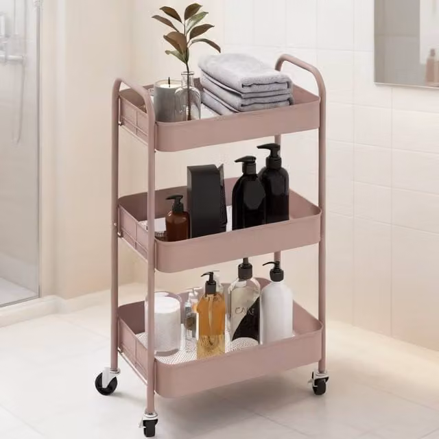 ERGOVEXA Three-Tier Metal Storage Trolley with Castors, Pink – 1