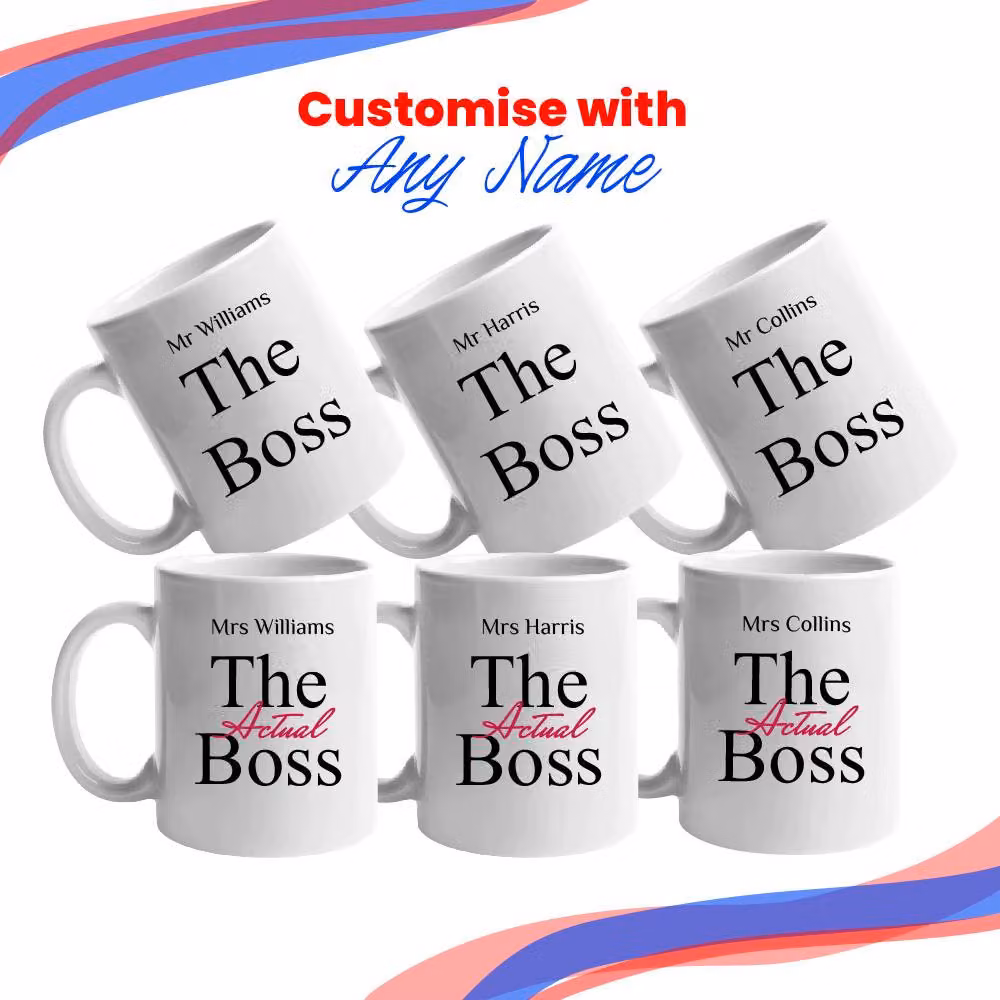 Uniqueful Personalised The Boss His & Hers Ceramic Mug Set, White, 11oz (Pack of 2) – 3