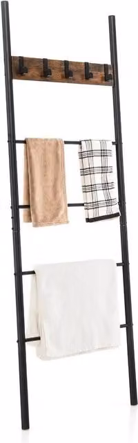 VOGREX 5-Tier Freestanding Leaning Blanket Ladder with 5 Removable Hooks in Brown – 1