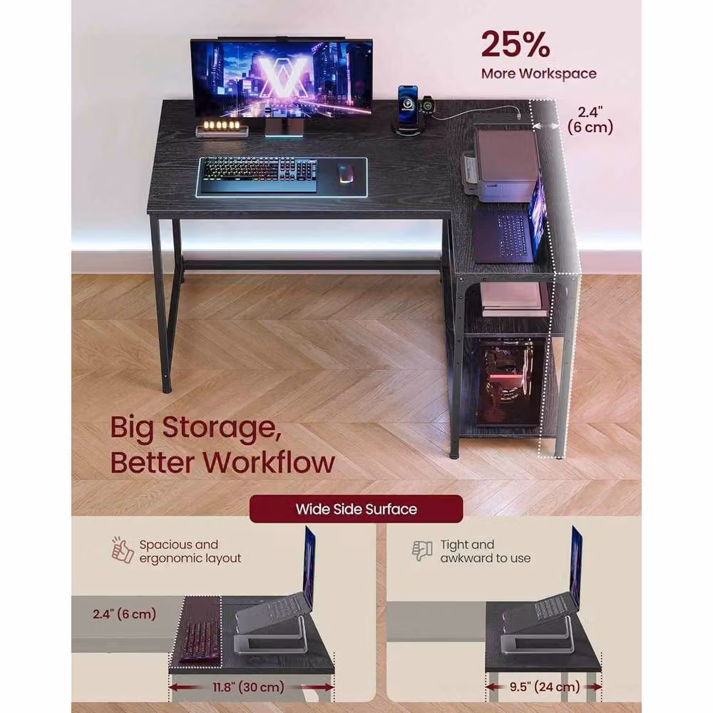 The Bazaarist L-Shaped Gaming Desk with Power Outlets and Shelves in Jet Black – 4