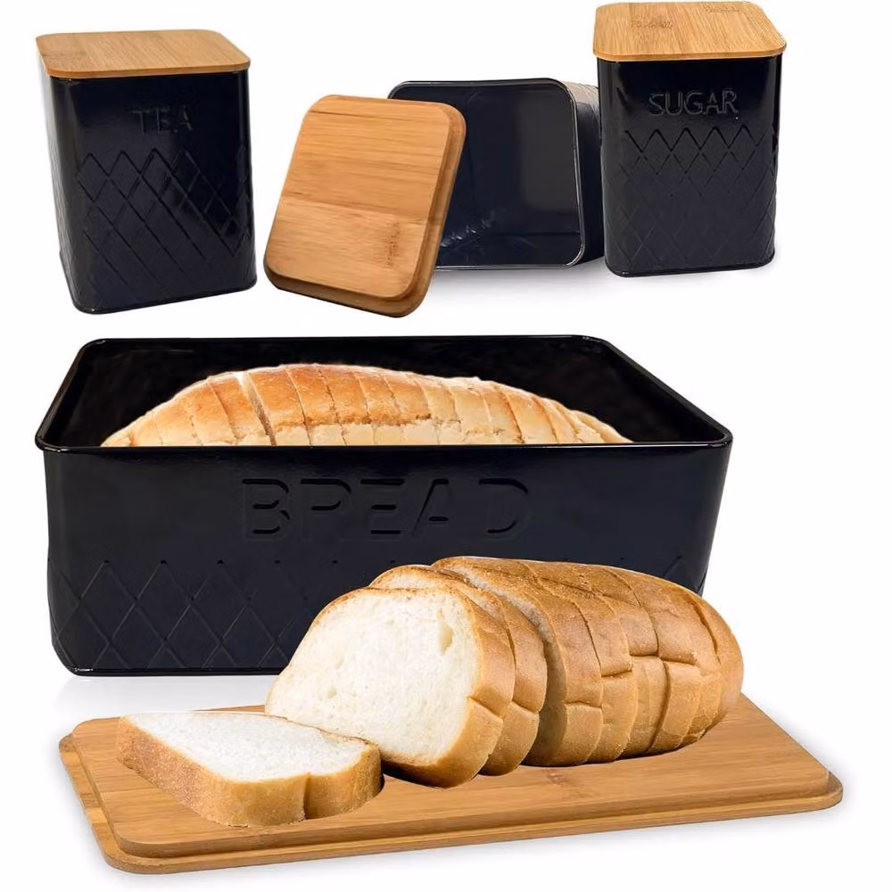 Mantraraj 4 Piece Black Kitchen Storage Set with Breadbin, 3 Airtight Canisters and Bamboo Lids – 2