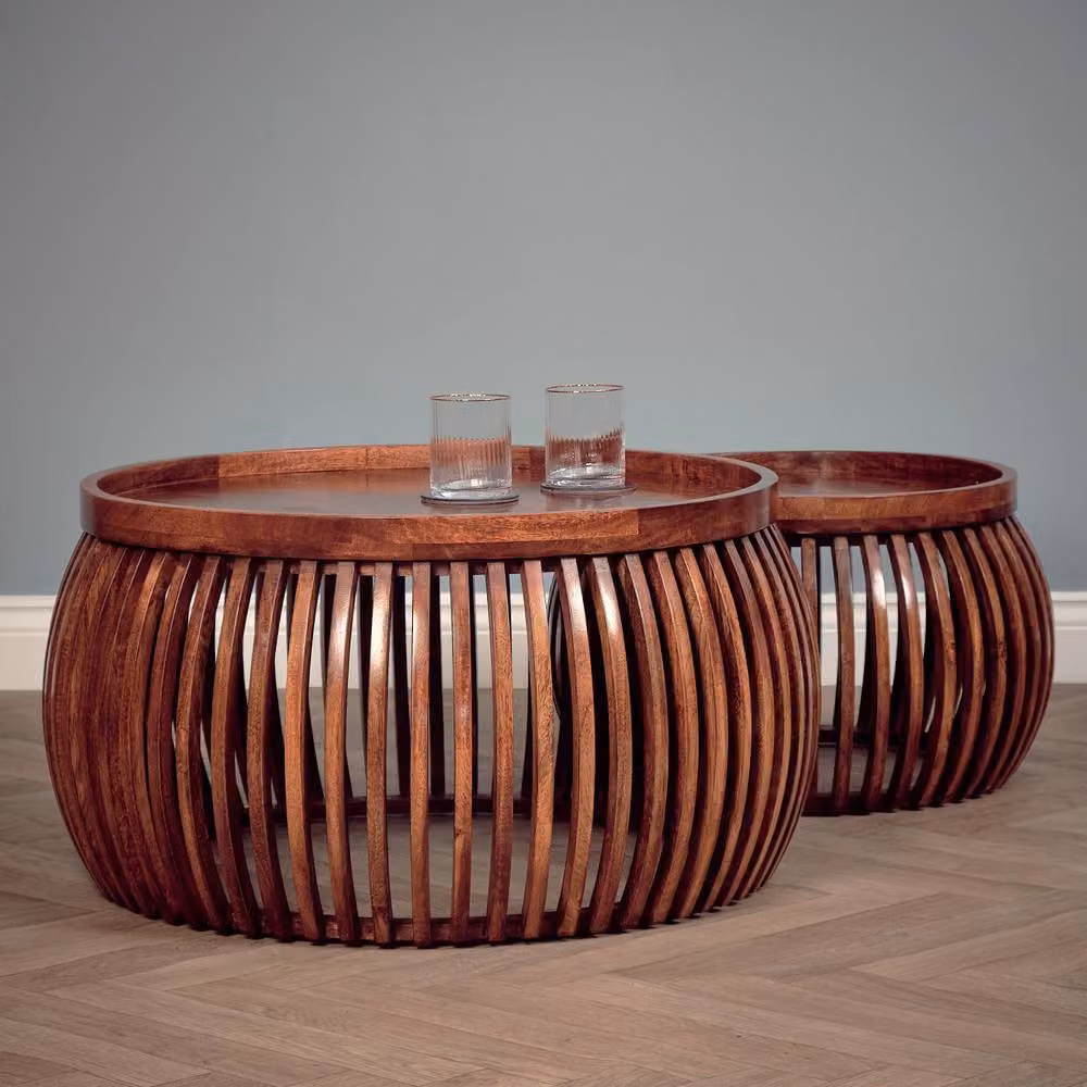 Elm Home And Garden Set of 2 Round Mango Wood Coffee Tables in Brown Medium Oak Finish – 2