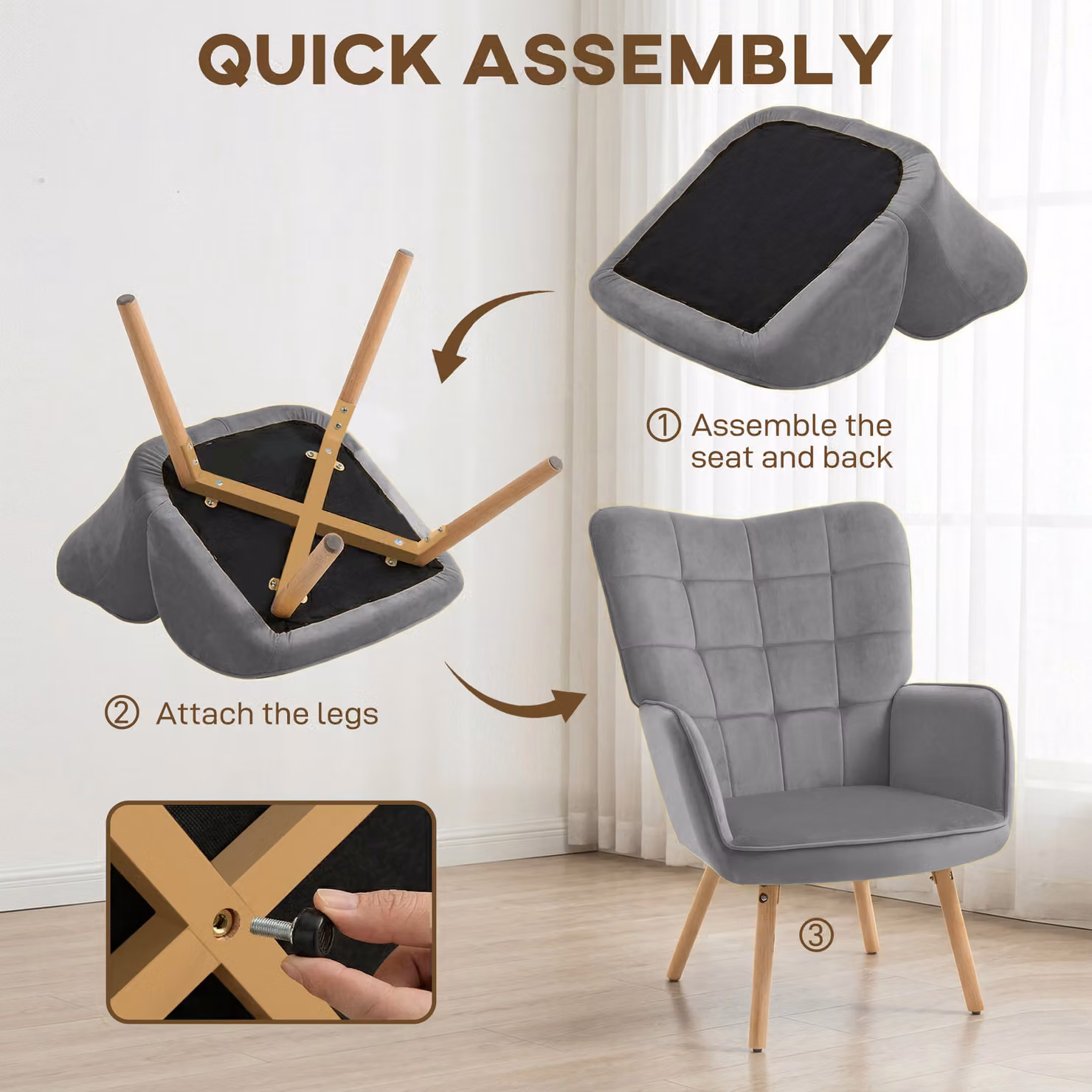 HOMCOM Modern Velvet Tufted Wingback Accent Chair with Armrests and Wood Legs, Grey – 5