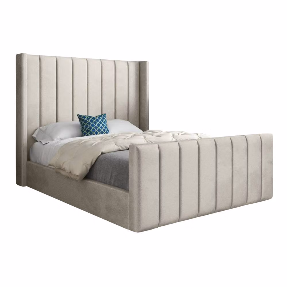 Casani Sherburn Straight Winged Designer Bed Frame in Beige Soft Velvet, Size: Double (140 x 200 cm) – 3