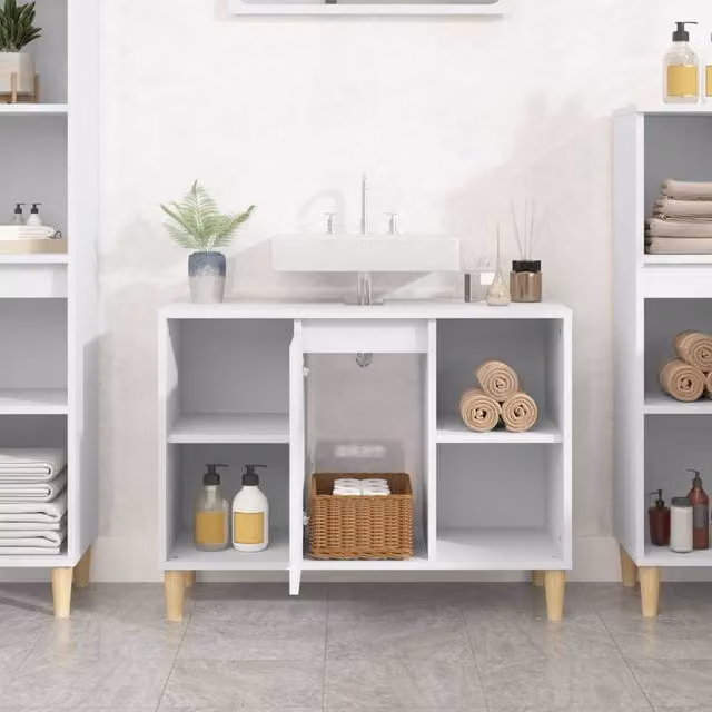 Berkfield Home Freestanding White Sink Cabinet with Internal Shelves and Open Shelf, W/D/H: 80 x 33 x 60 cm – 1