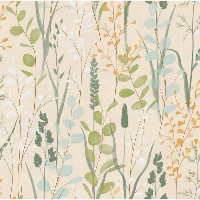 Grandeco Botanical Floral Textured Wallpaper in Green and Beige