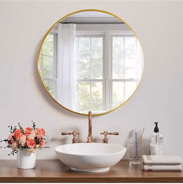 H&O Direct Nordic Round Framed Wall Hanging Mirror in Gold, Diameter: 70 cm – 1