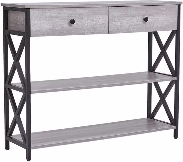KORVIXA 3-Tier Slim Side Table with 2 Drawers, Grey Modern Narrow Console Table – 1