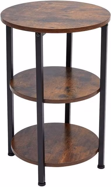 KORVIXA 3 Tier Round Industrial Wood and Metal Side Table in Brown – 1