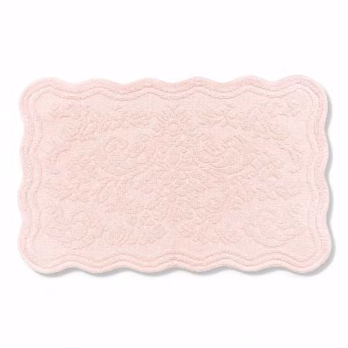 Allure Bath Fashions Gracie Jacquard Scalloped Bath Mat, 100% Cotton Vintage Floral Pink Bathroom Rug