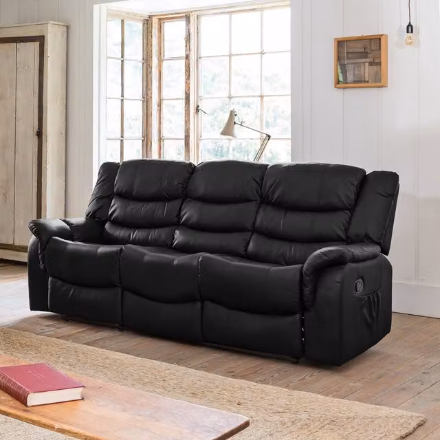 Artemis Home Almeira 3 Seat Manual Recliner Sofa in Black Synthetic Leather, Width: 205 cm