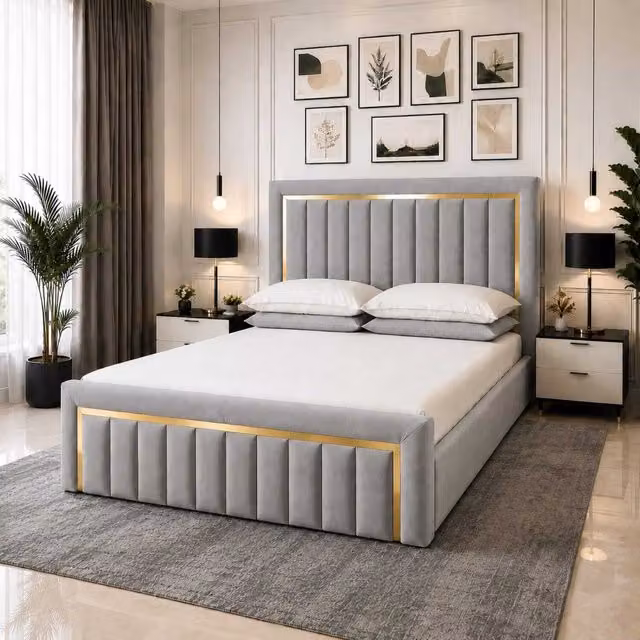 K Mehmood Enterprise Ltd Modern Silver Velvet Upholstered Ottoman Bed Frame with Gold Strip Details