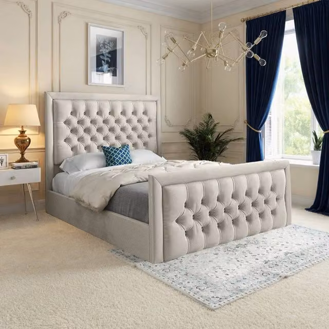 Casani Silchester Upholstered Velvet Designer Bed Frame in Beige, W/D/H: 200 x 137 x 189 cm