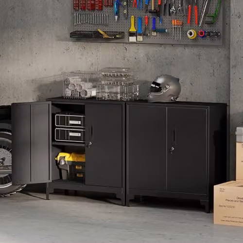 HOMCOM Lockable Metal Filing Cabinet with 2-Tier Storage and Hinged Doors, Black, W: 80 cm, D: 35 cm, H: 91 cm – 7
