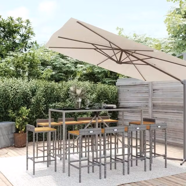 Berkfield Home 11 Piece Grey Poly Rattan and Solid Acacia Wood Garden Bar Set – 1