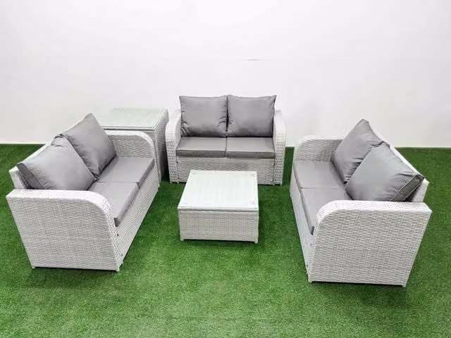Fimous 6 Seater PE Wicker Rattan Garden Furniture Set in Light Grey with Square Coffee Table, 2 Seater Love Sofa and Side Table
