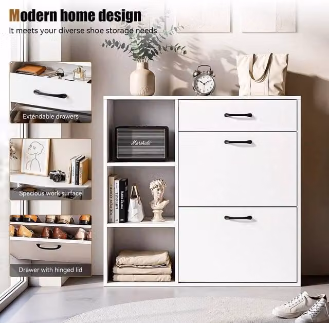 NESTLUNE 4 Tier White Shoe Storage Cabinet with Drawer and Tilting Compartments, W: 100 cm, D: 15 cm – 1