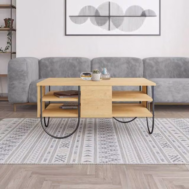 FORGEVIO 3 Tier Industrial Coffee Table with Natural Oak MDF Laminate and Black Metal Sled Base in Brown