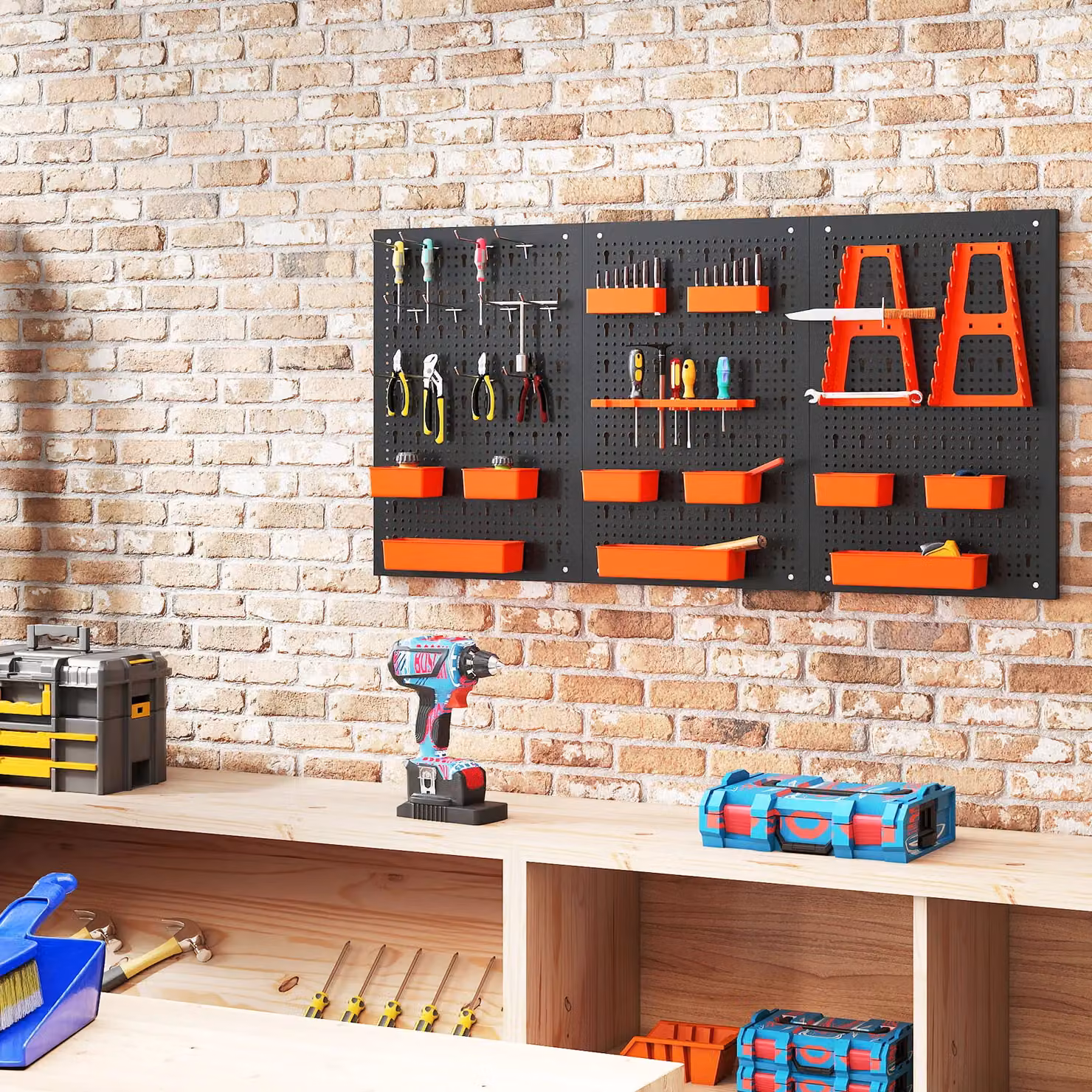 Costway Pegboard Wall Organizer with 9 Bins and Hammer Racks, Orange, W/D/H: 120 x 60 x 26 cm – 8