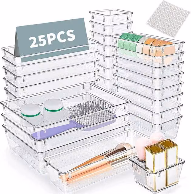 EONLION 25-Piece Clear Acrylic Drawer Organiser Set with Dividers for Kitchen, Bathroom and Desk Storage, Width: 50 cm