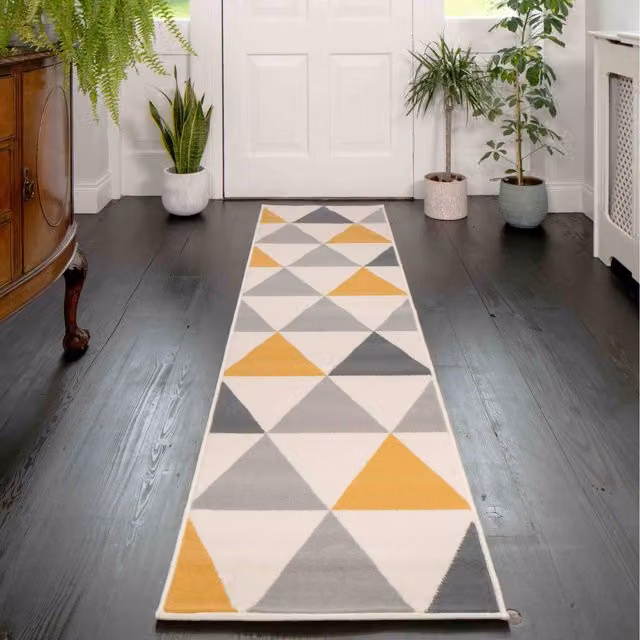 The Rug House Geometric Diamond Living Room Rug in Grey and Ochre, W: 320 cm, D: 80 cm