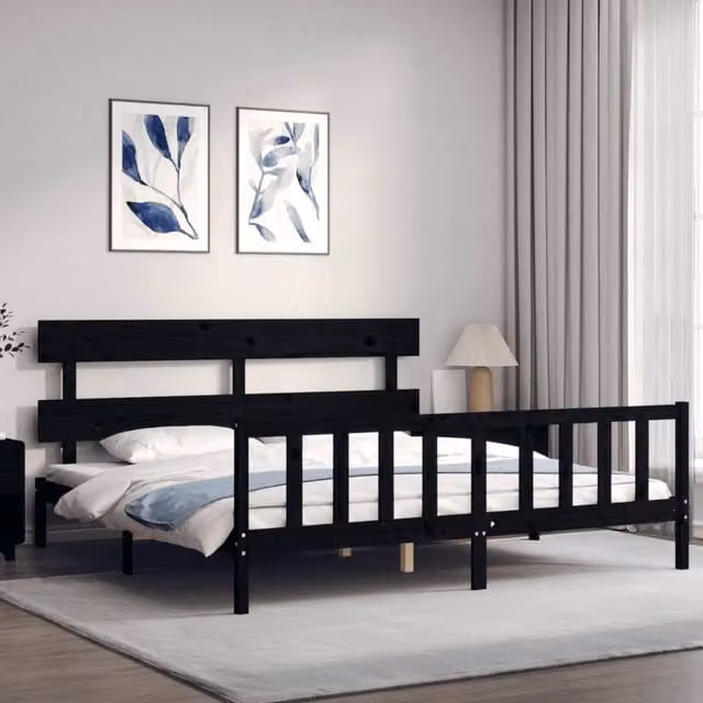 Berkfield Home Beautiful Bed Frame with Headboard in Black Solid Pine, W/D/H: 200 x 200 x 205.5 cm