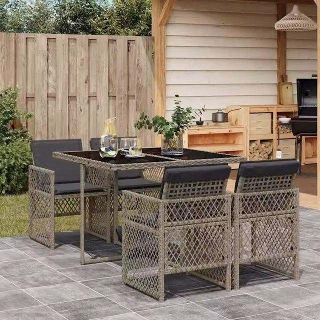 Berkfield Home 5 Piece Grey Poly Rattan Garden Dining Set with Glass Table and Cushions – 1