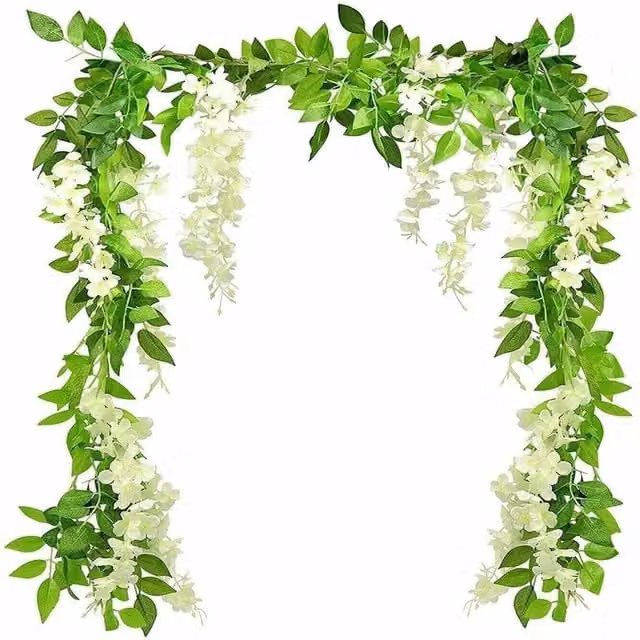 VOGREX White and Green Artificial Hanging Wisteria Silk Flowers with Leaves (Pack of 2)