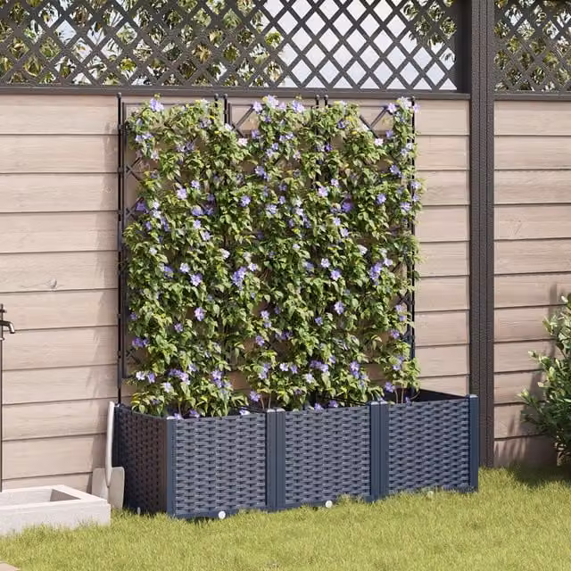 Berkfield Home Garden Planter with Trellis, 3 Piece Set, Grey, W: 120 cm, D: 40 cm, H: 143 cm