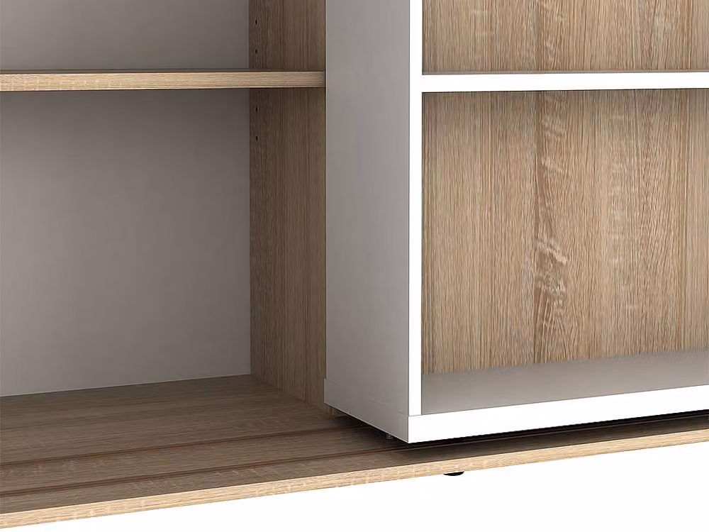 Vente-unique PRALI Sliding Bookcase with 18 Compartments in White and Oak – 3