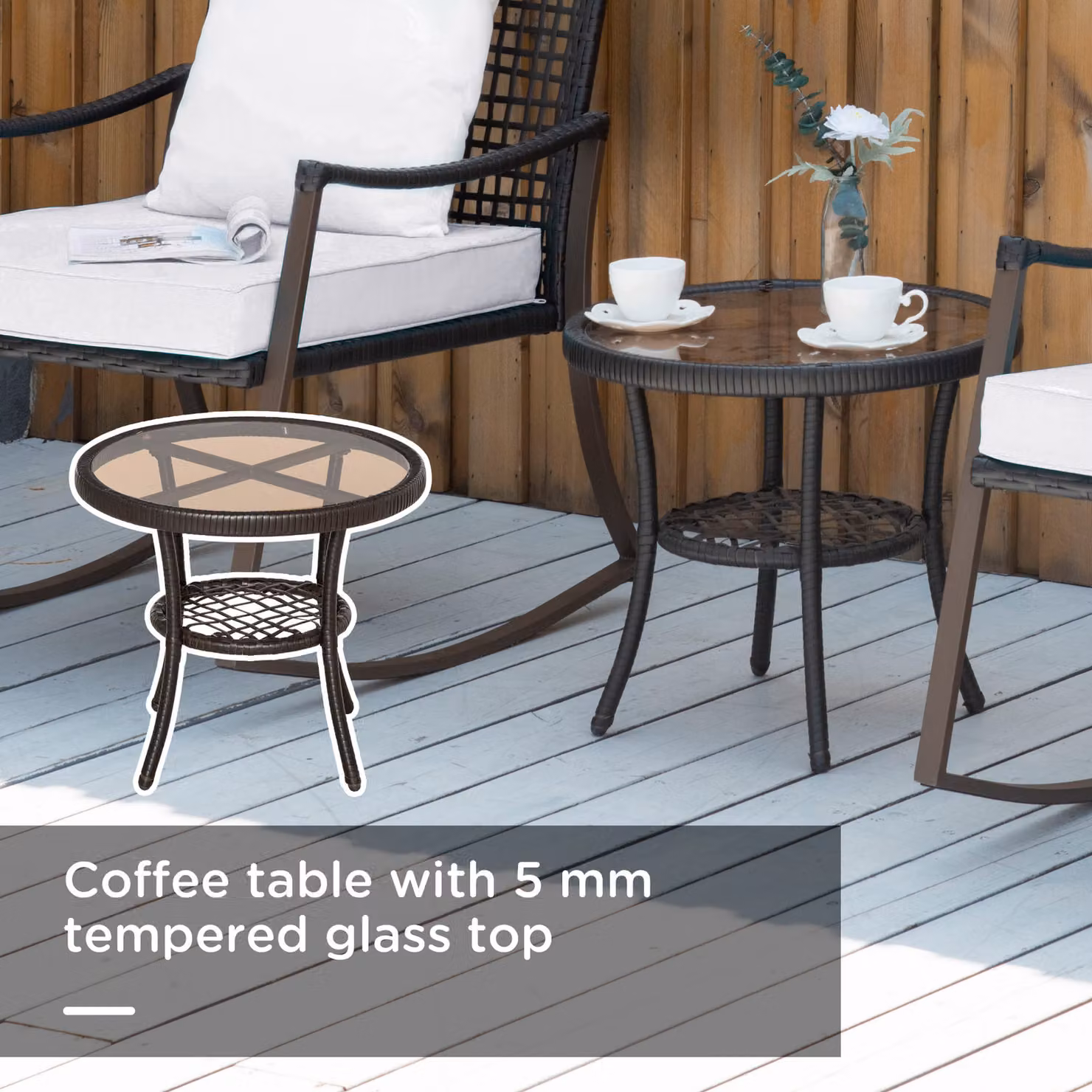Outsunny 2 Seater Rattan Bistro Set with 2 Rocking Armchairs, Pillowed Cushions and Round Tempered Glass Coffee Table, Brown – 3